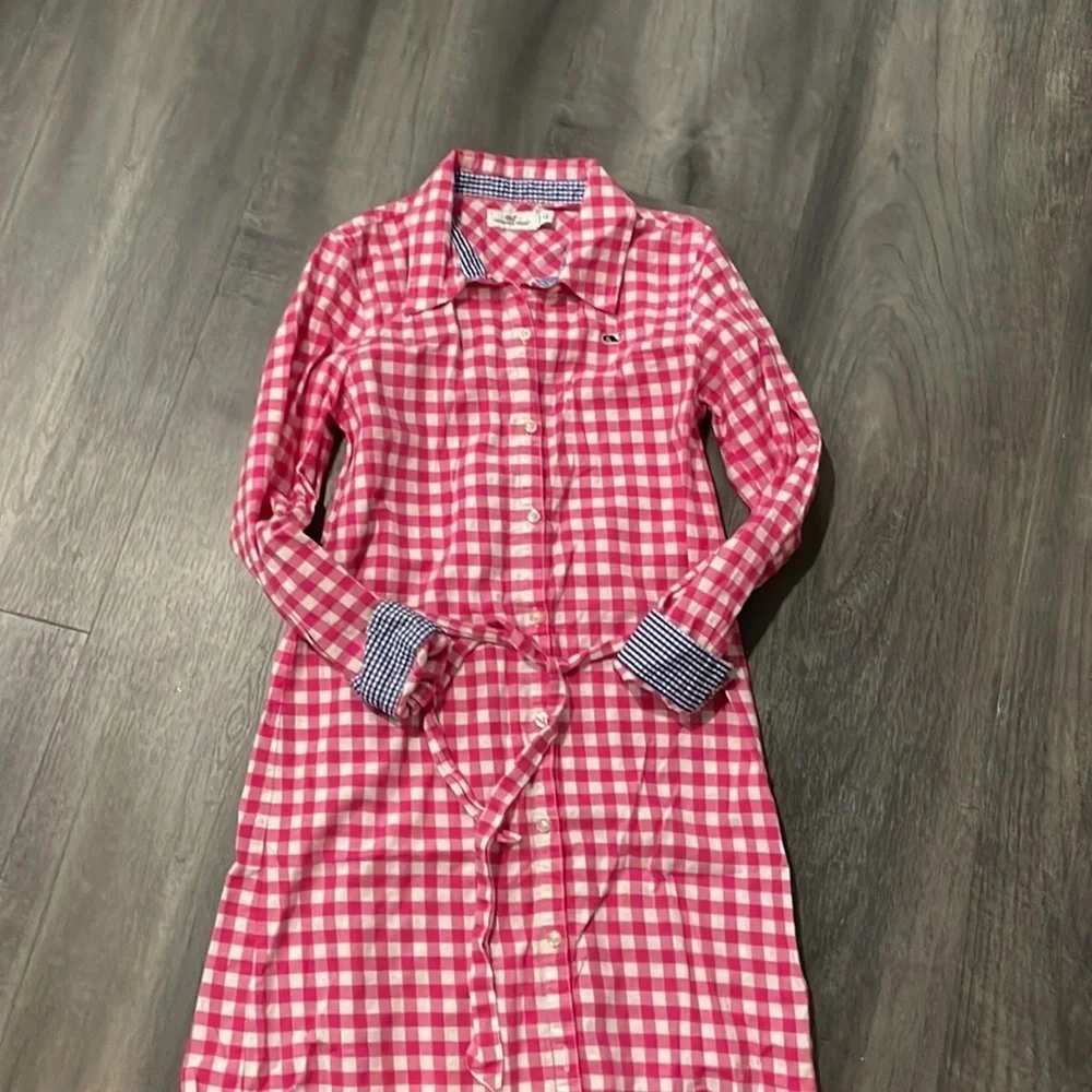 Vineyard Vines Pink Gingham Long sleeve shirt dress with tie belt size 12